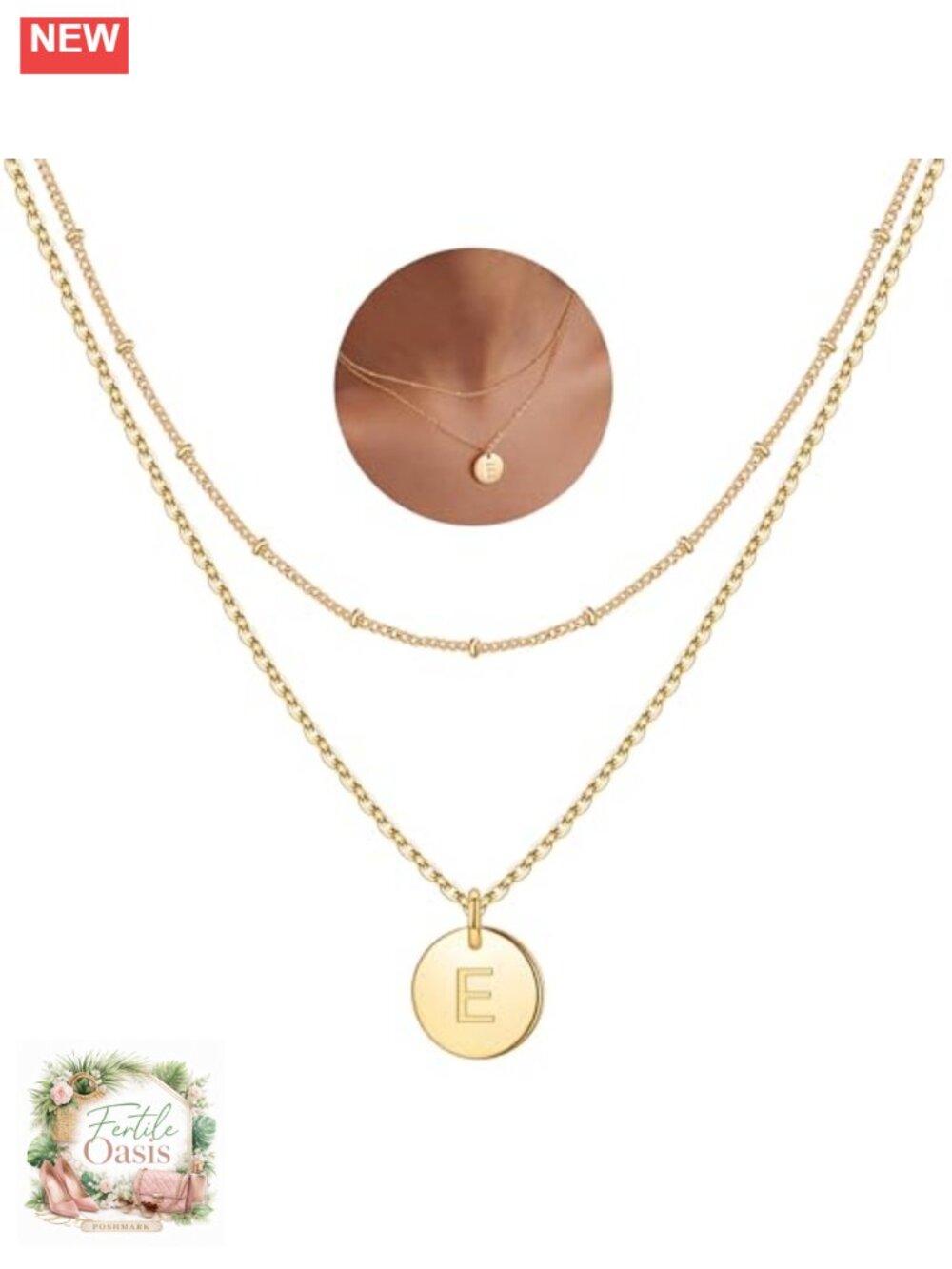 14K Gold Plated Brass Initial Layered Necklace Letter E Pendant Hypoallergenic